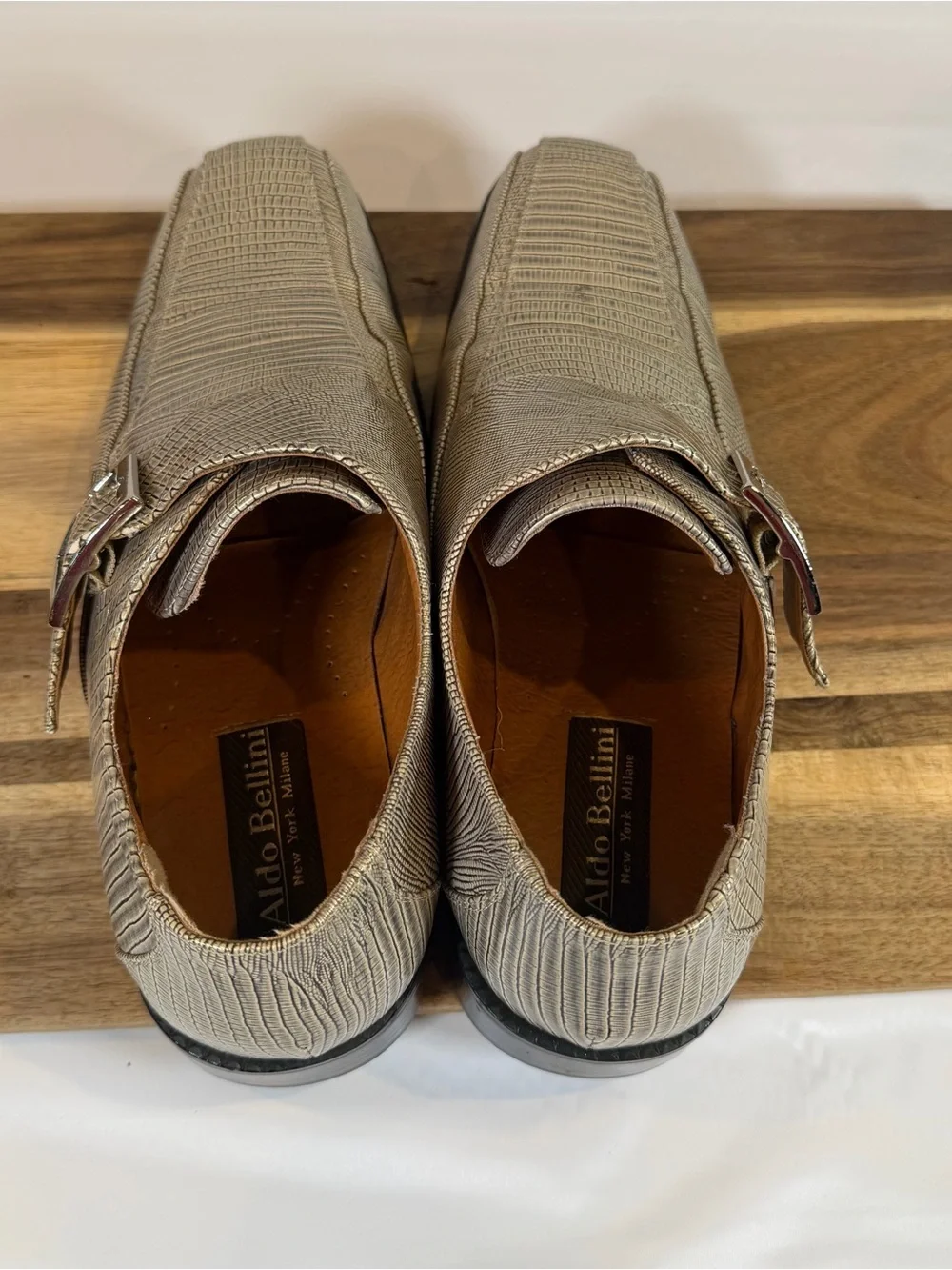 Aldo Bellini Metallic Silver Textured Monk Strap Dress Shoes 12 Snakeskin print
